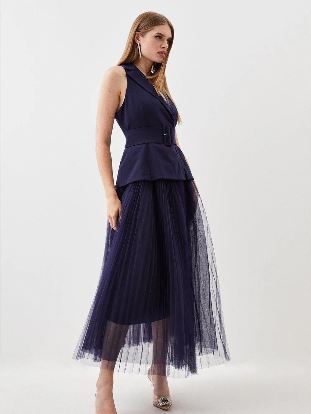 Karen Mullen -Brand New with TagSleeveless Belted Tulle Maxi Dress in Deep Navy
